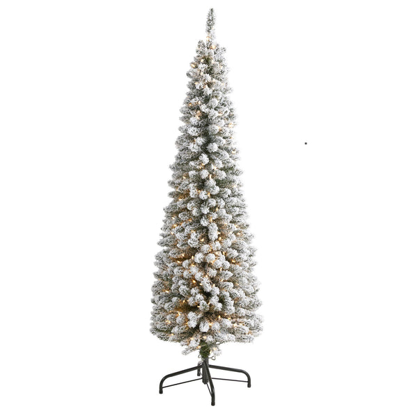 6’ Flocked Pencil Artificial Christmas Tree with 300 Clear Lights and 438 Bendable Branches