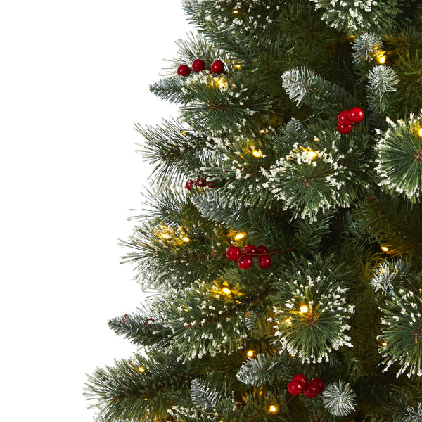 6’ Frosted Swiss Pine Artificial Christmas Tree with 300 Clear LED Lights and Berries