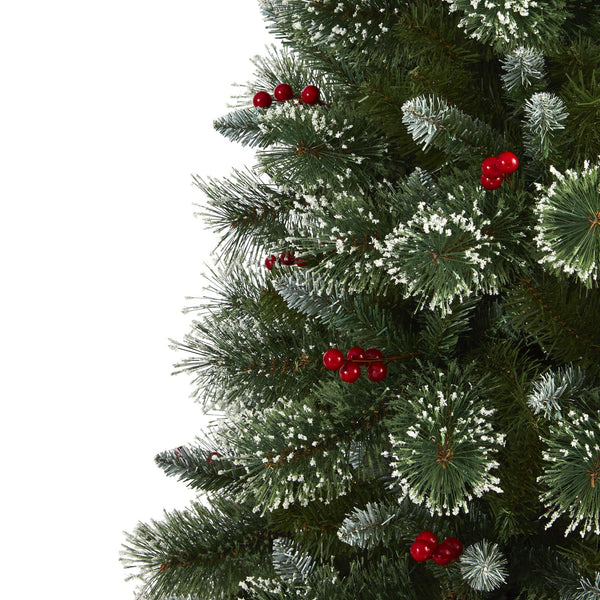 6’ Frosted Swiss Pine Artificial Christmas Tree with 300 Clear LED Lights and Berries