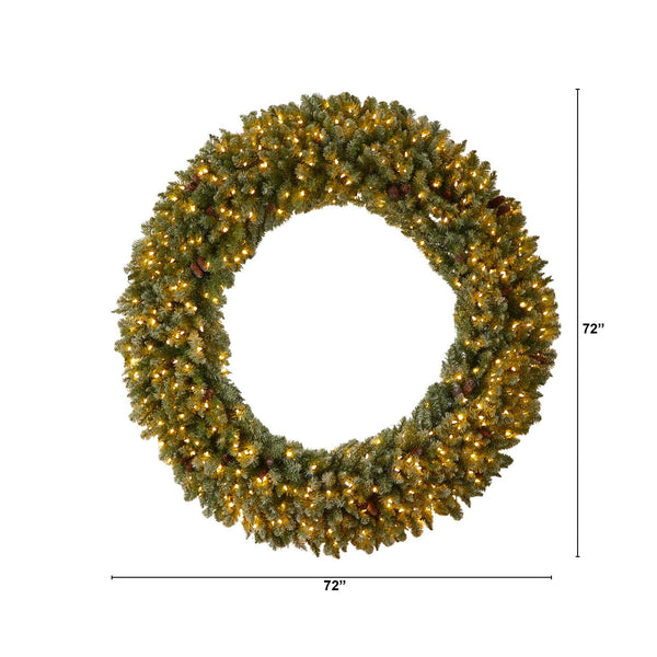 6’ Giant Flocked Christmas Wreath with Pinecones, 400 Clear LED Lights and 920 Bendable Branches