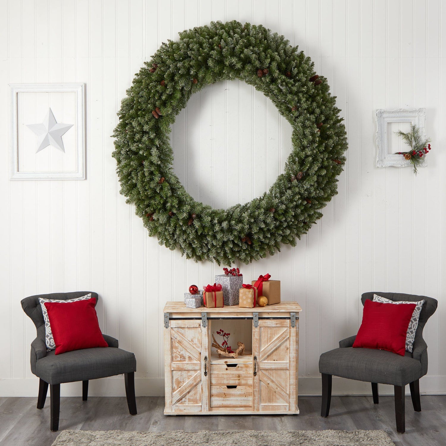 6’ Giant Flocked Christmas Wreath with Pinecones, 400 Clear LED Lights and 920 Bendable Branches