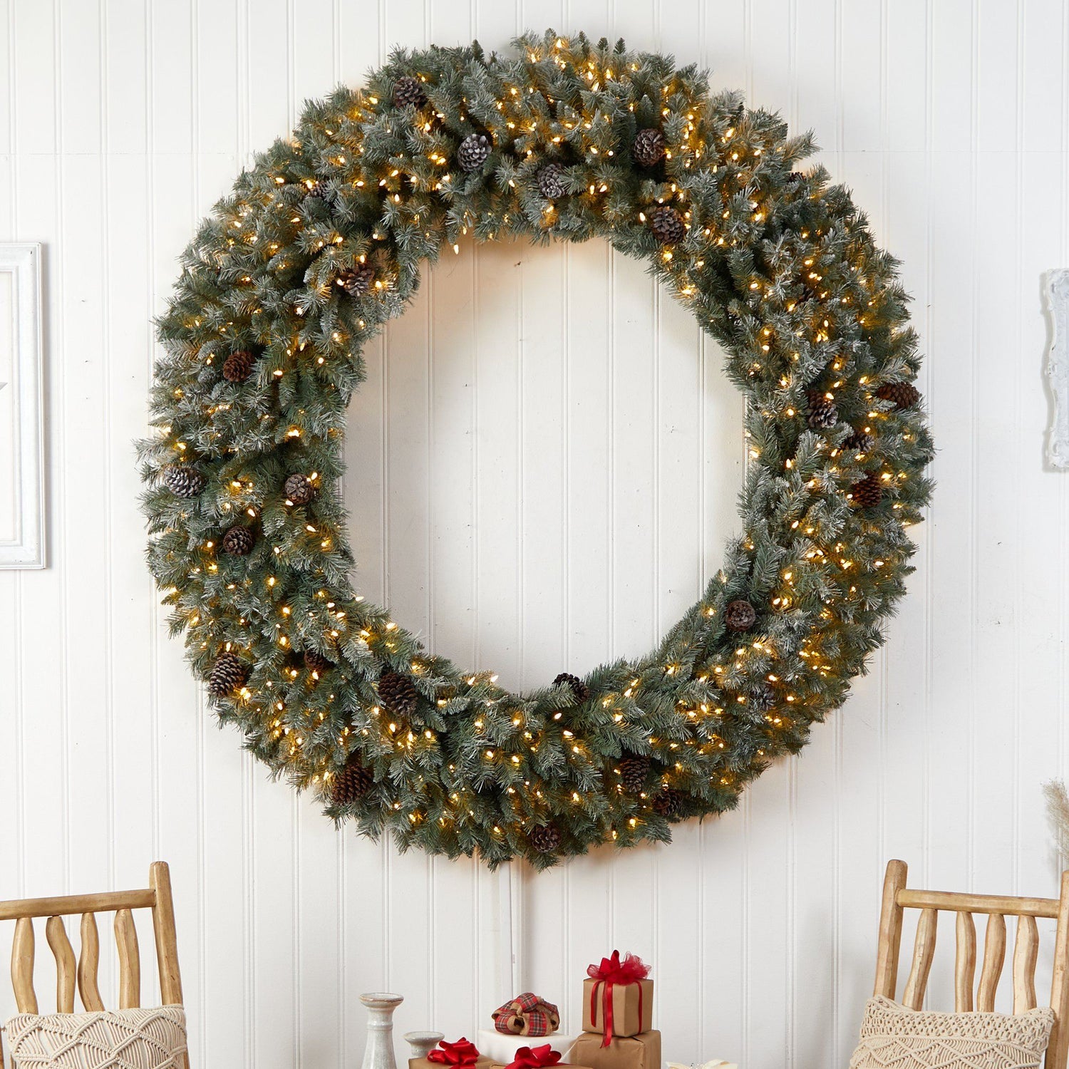 6’ Giant Flocked Christmas Wreath with Pinecones, 600 Clear LED Lights and 1000 Bendable Branches