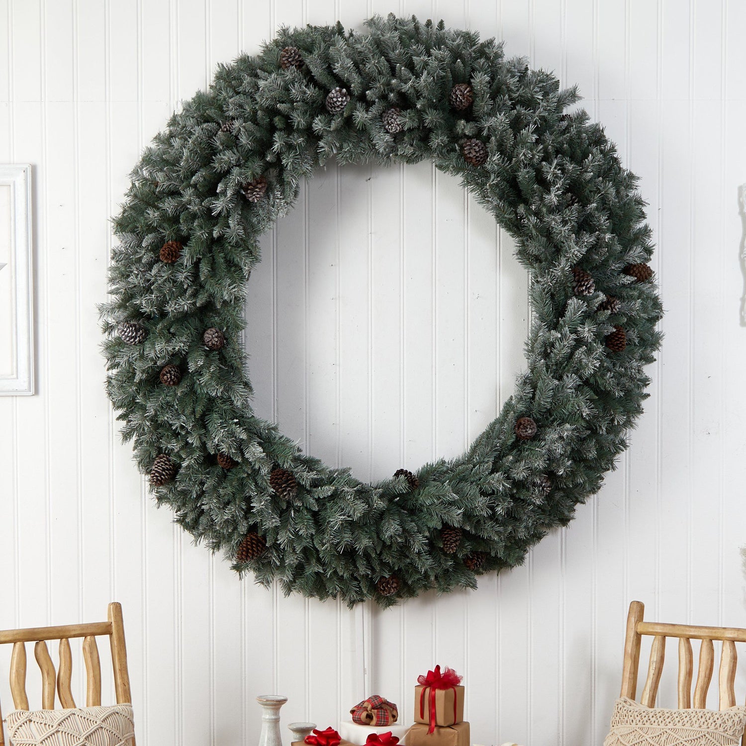 6’ Giant Flocked Christmas Wreath with Pinecones, 600 Clear LED Lights and 1000 Bendable Branches