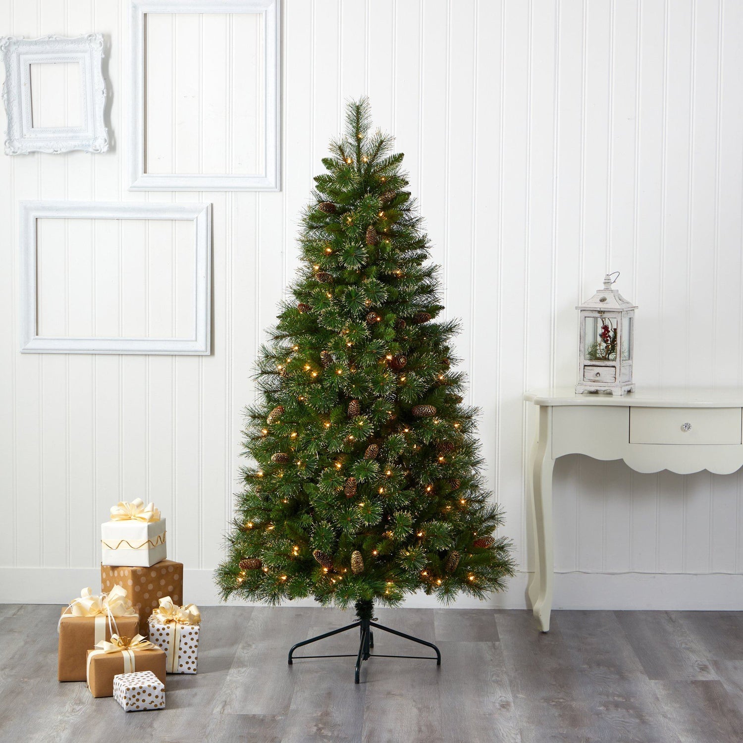 6’ Golden Tip Washington Pine Artificial Christmas Tree with 250 Clear Lights, Pine Cones and 750 Bendable Branches