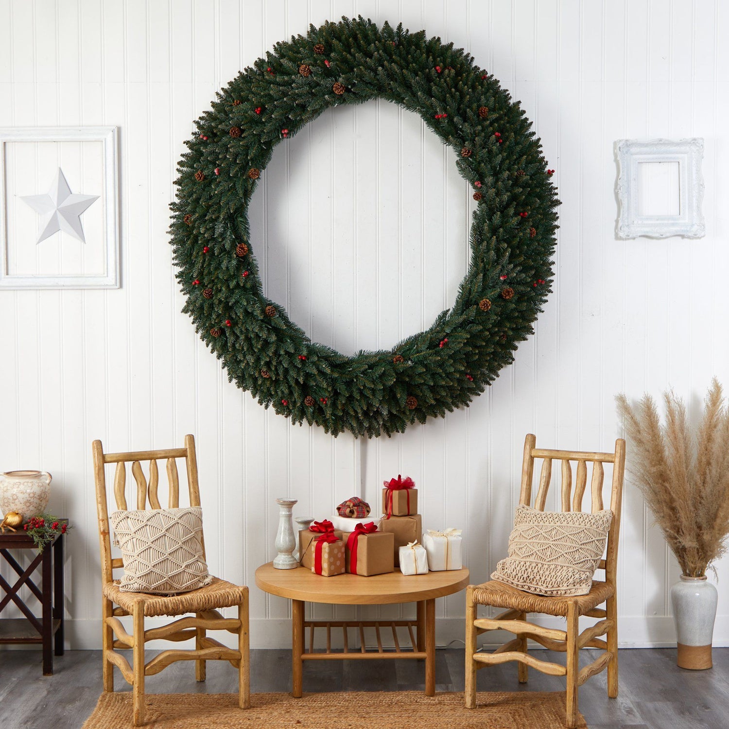 6’ Large Flocked Wreath with Pinecones, Berries, 600 Clear LED Lights and 1080 Bendable Branches