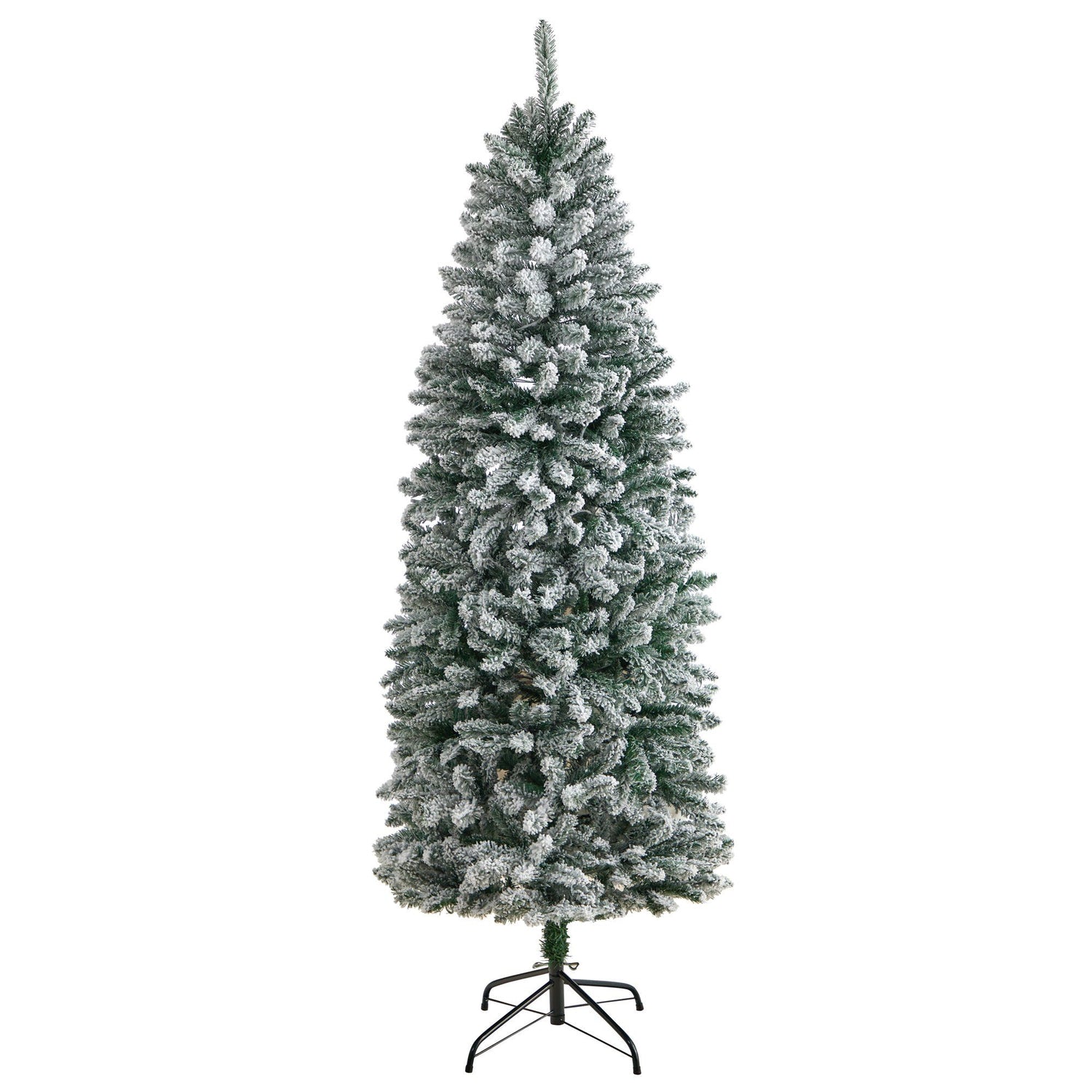 6’ Slim Flocked Montreal Fir Artificial Christmas Tree with 250 White LED Lights and 743 Branches