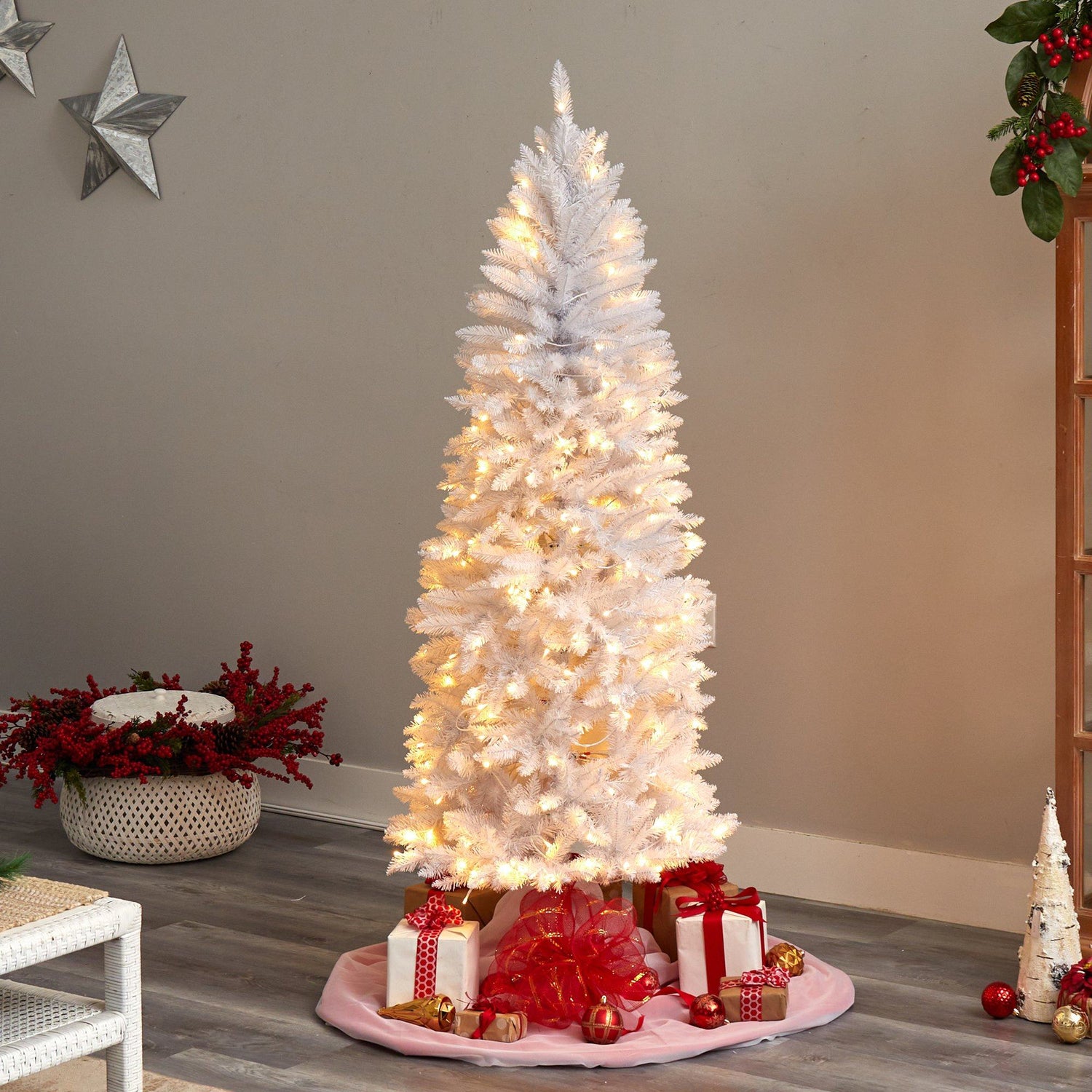 6’ Slim White Artificial Christmas Tree with 250 Warm White LED Lights and 743 Bendable Branches