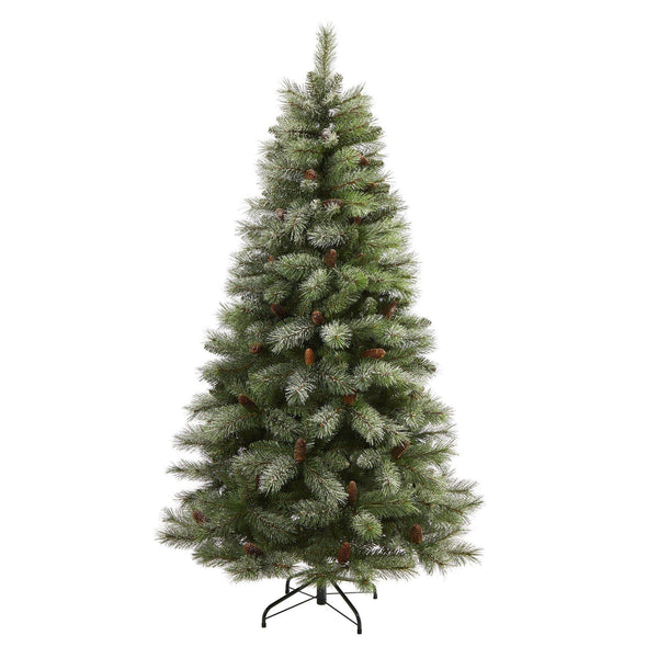 6’ Snowed French Alps Mountain Pine Artificial Christmas Tree with 583 Bendable Branches and Pine Cones