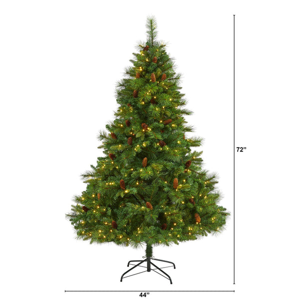 6’ West Virginia Full Bodied Mixed Pine Artificial Christmas Tree with 300 Clear LED Lights and Pine Cones