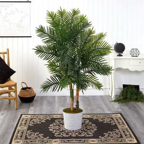 62” Areca Palm Artificial Tree in White Tin Planter (Real Touch)