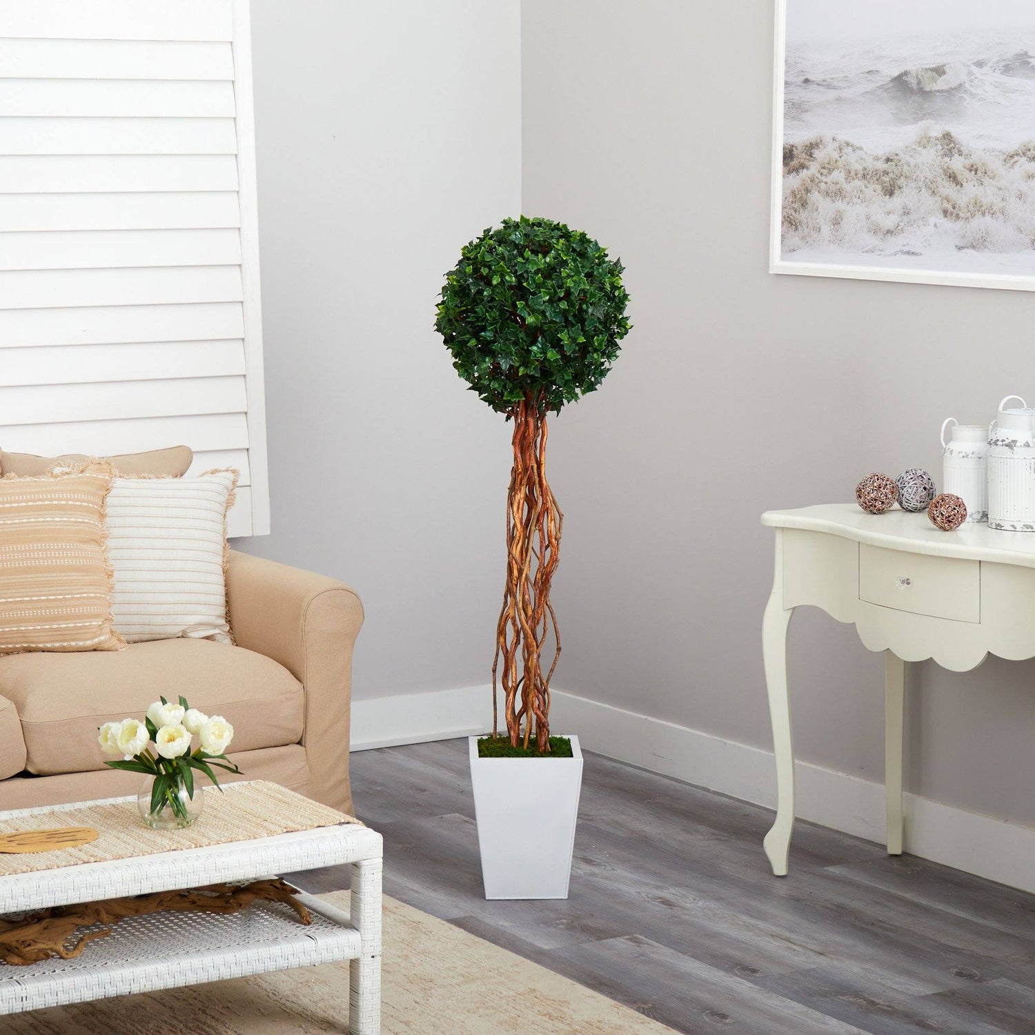 62” English Ivy Single Ball Artificial Topiary Tree in White Metal Planter (Indoor/Outdoor)