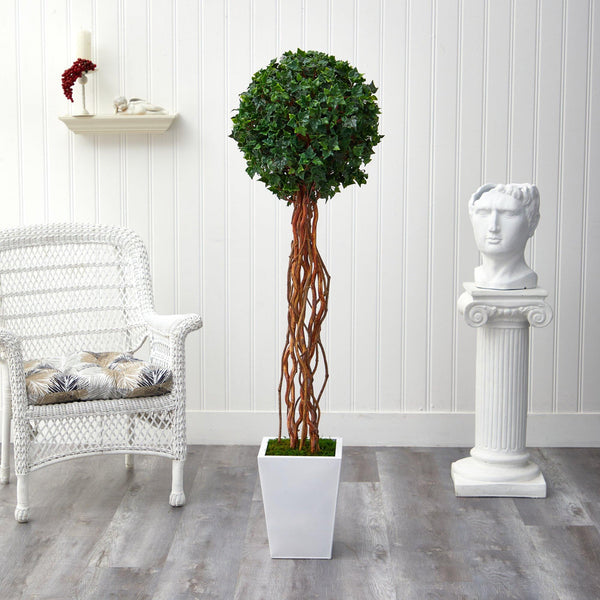 62” English Ivy Single Ball Artificial Topiary Tree in White Metal Planter (Indoor/Outdoor)