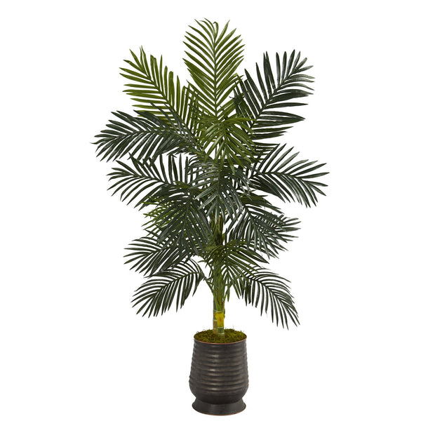 62” Golden Cane Artificial Palm Tree in Ribbed Metal Planter