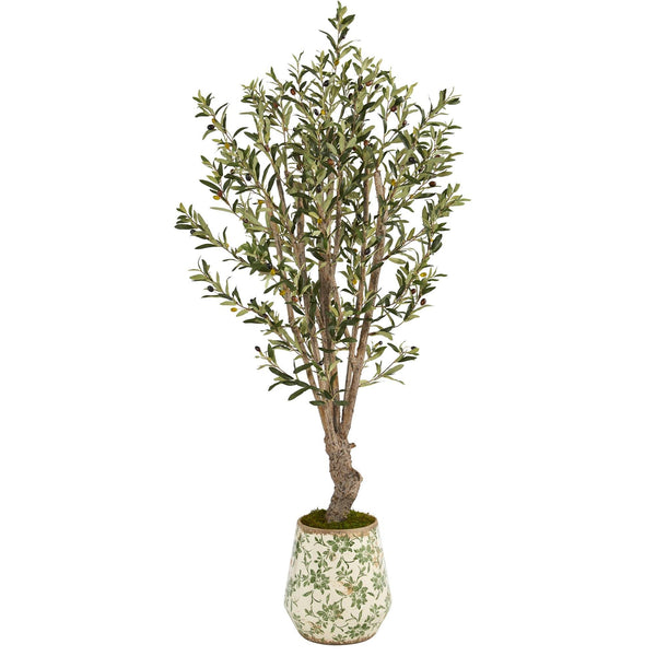 62” Olive Artificial Tree in Floral Print Planter