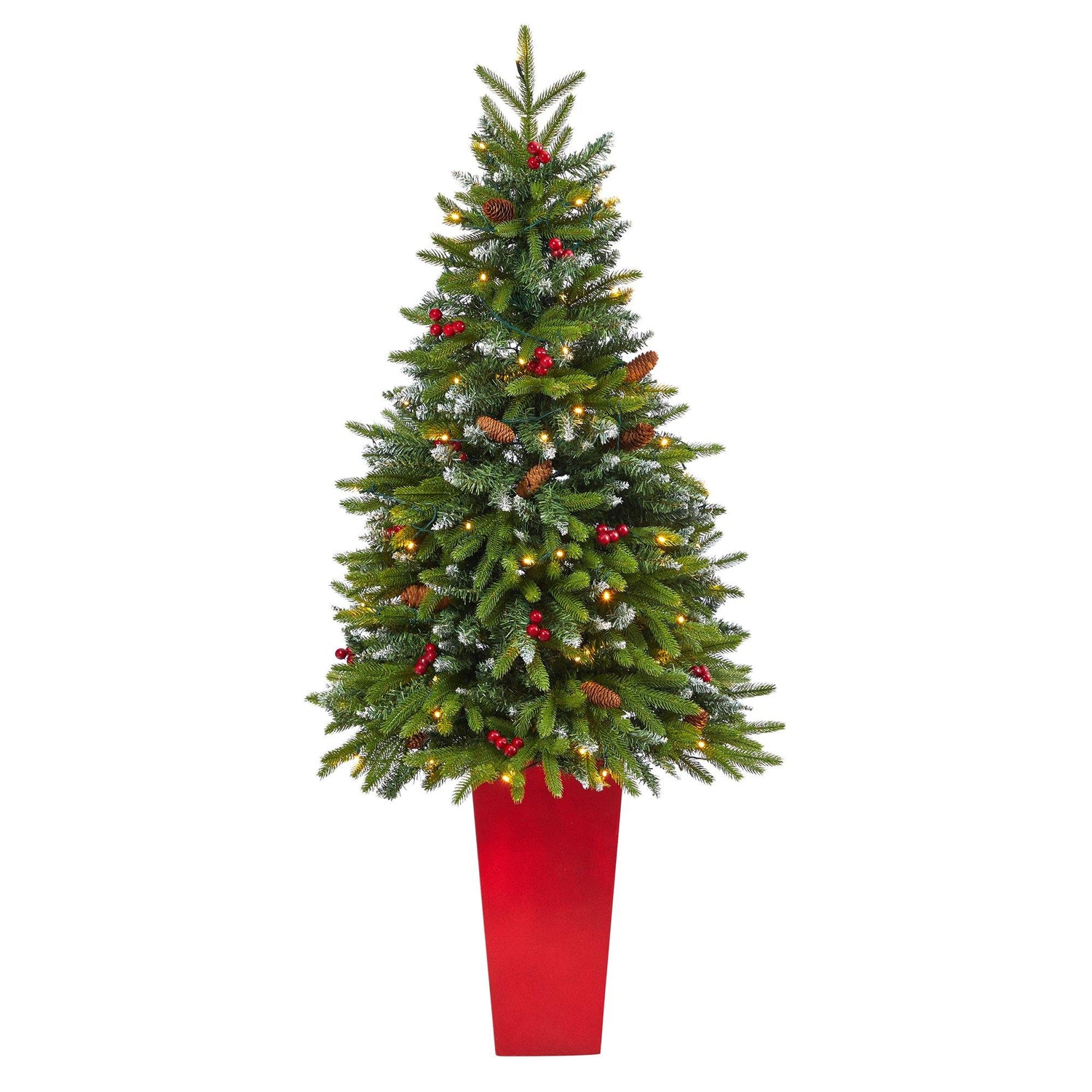 62” Snow Tipped Portland Spruce Artificial Christmas Tree with Frosted Berries and Pinecones with 100 Clear LED Lights in Red Tower Planter