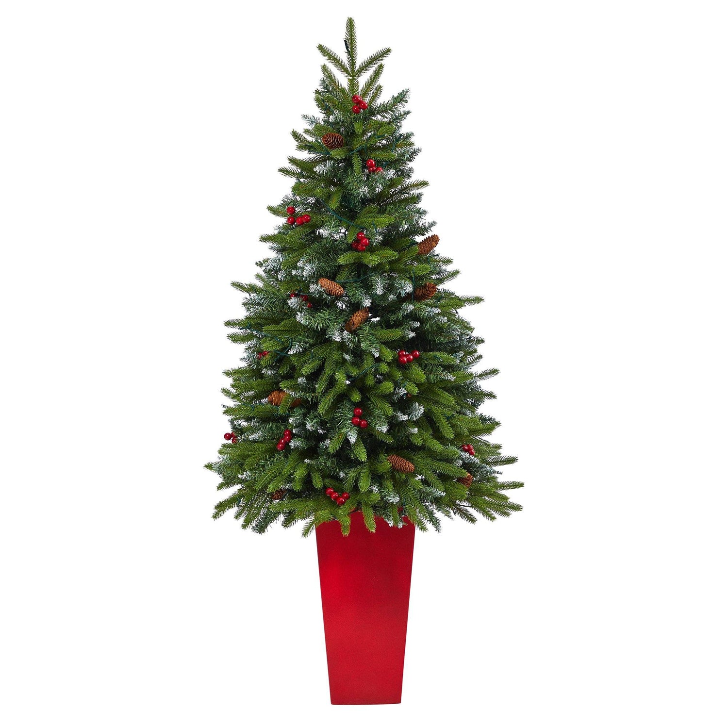 62” Snow Tipped Portland Spruce Artificial Christmas Tree with Frosted Berries and Pinecones with 100 Clear LED Lights in Red Tower Planter