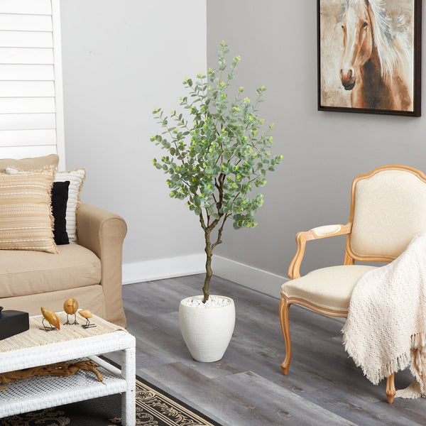 63” Eucalyptus Artificial Tree in White Planter