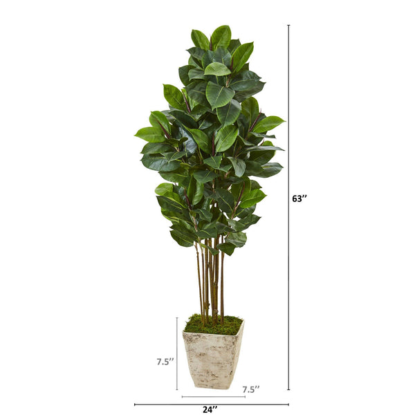 63” Rubber Leaf Artificial Tree in Country White Planter