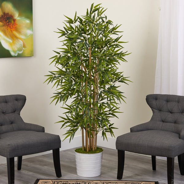 64” Bamboo Artificial Tree in White Tin Planter