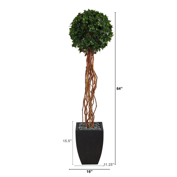 64” English Ivy Single Ball Artificial Topiary Tree in Black Planter (Indoor/Outdoor)