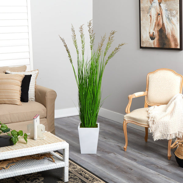 64” Wheat Grass Artificial Plant in White Metal Planter