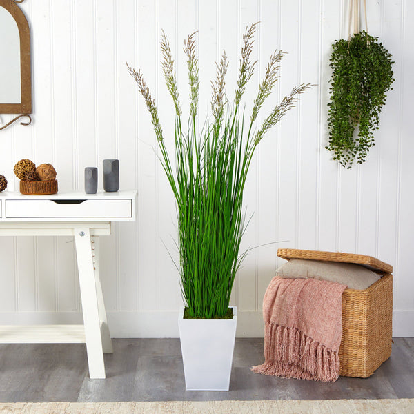 64” Wheat Grass Artificial Plant in White Metal Planter