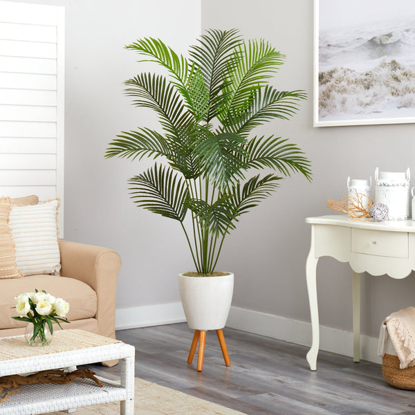 6.5’ Golden Cane Artificial Palm Tree in White Planter with Stand