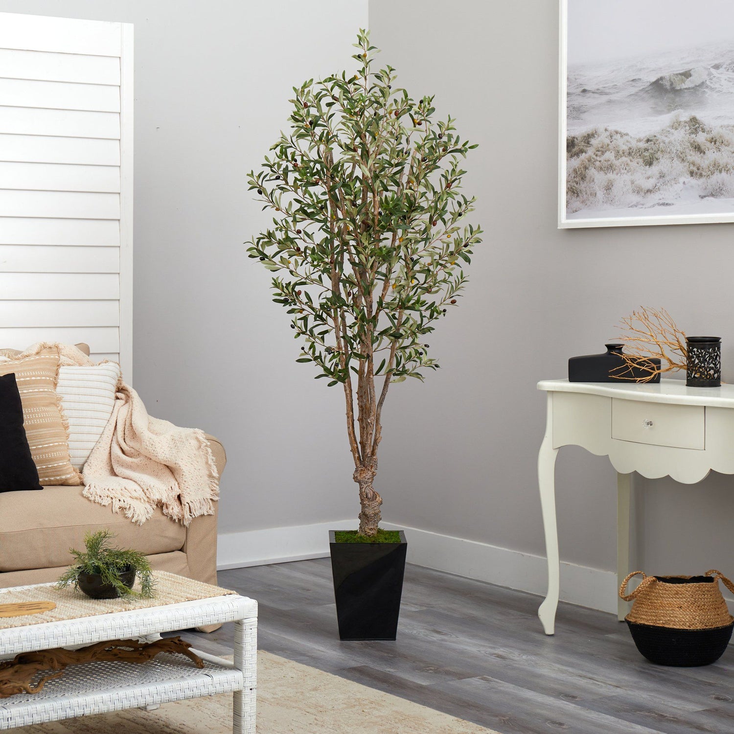 6.5’ Olive Artificial Tree in Black Metal Planter