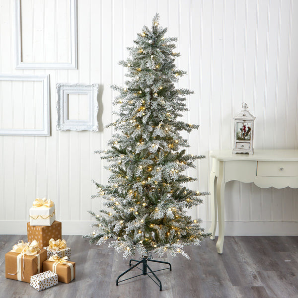 6.5’ Slim Flocked Nova Scotia Spruce Artificial Christmas Tree with 300 Warm White LED Lights and 699 Bendable Branches