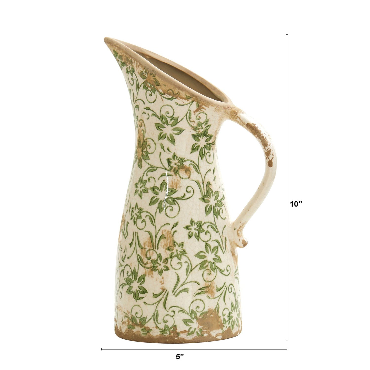 10” Tuscan Ceramic Green Scroll Pitcher Vase