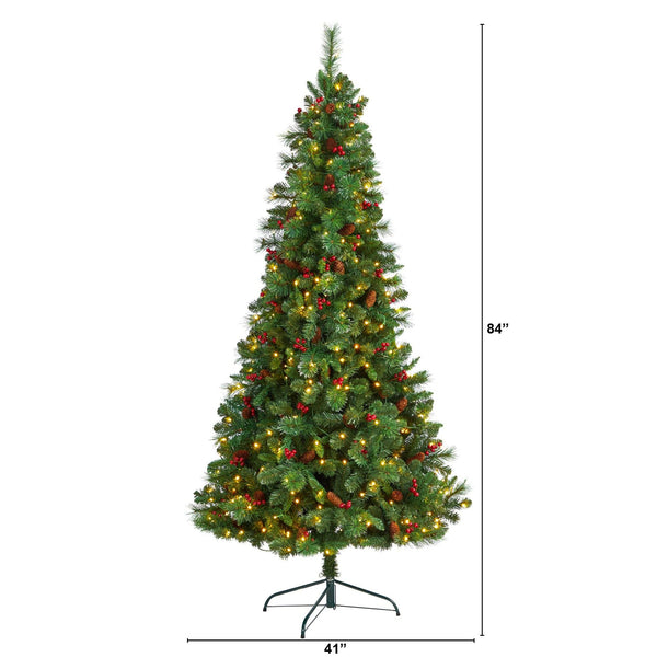 7’ Flat Back Montreal Mountain Artificial Christmas Tree with Pine Cones and Berries