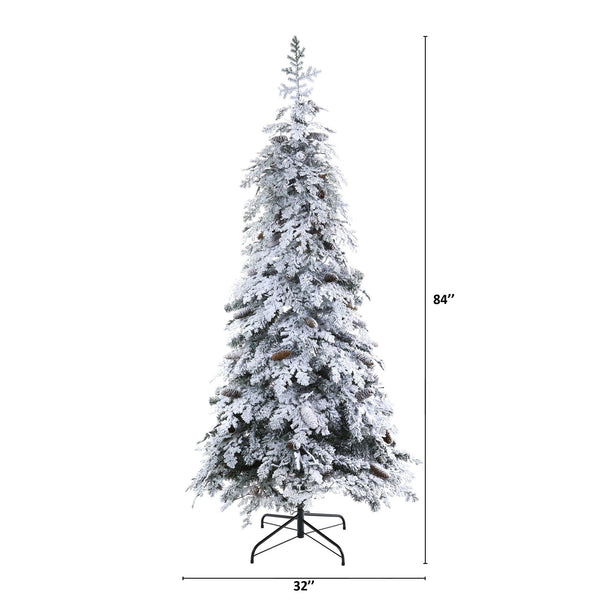 7’ Flocked Montana Down Swept Spruce Artificial Christmas Tree with Pinecones and 400 LED Lights