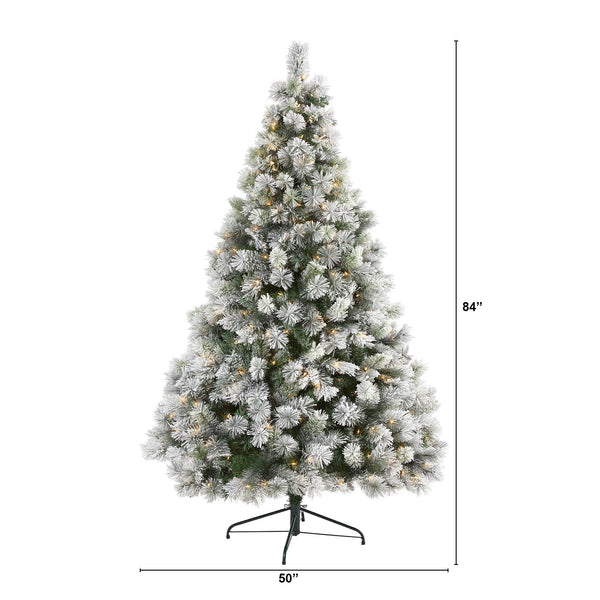 7’ Flocked Oregon Pine Artificial Christmas Tree with 400 Clear Lights and 834 Bendable Branches