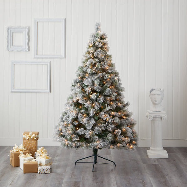 7’ Flocked Oregon Pine Artificial Christmas Tree with 400 Clear Lights and 834 Bendable Branches