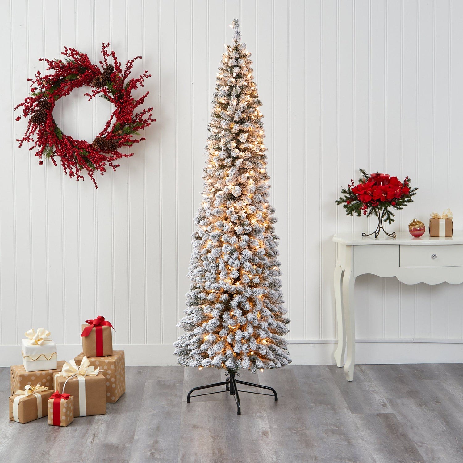 7’ Flocked Pencil Artificial Christmas Tree with 400 Clear Lights and 574 Bendable Branches