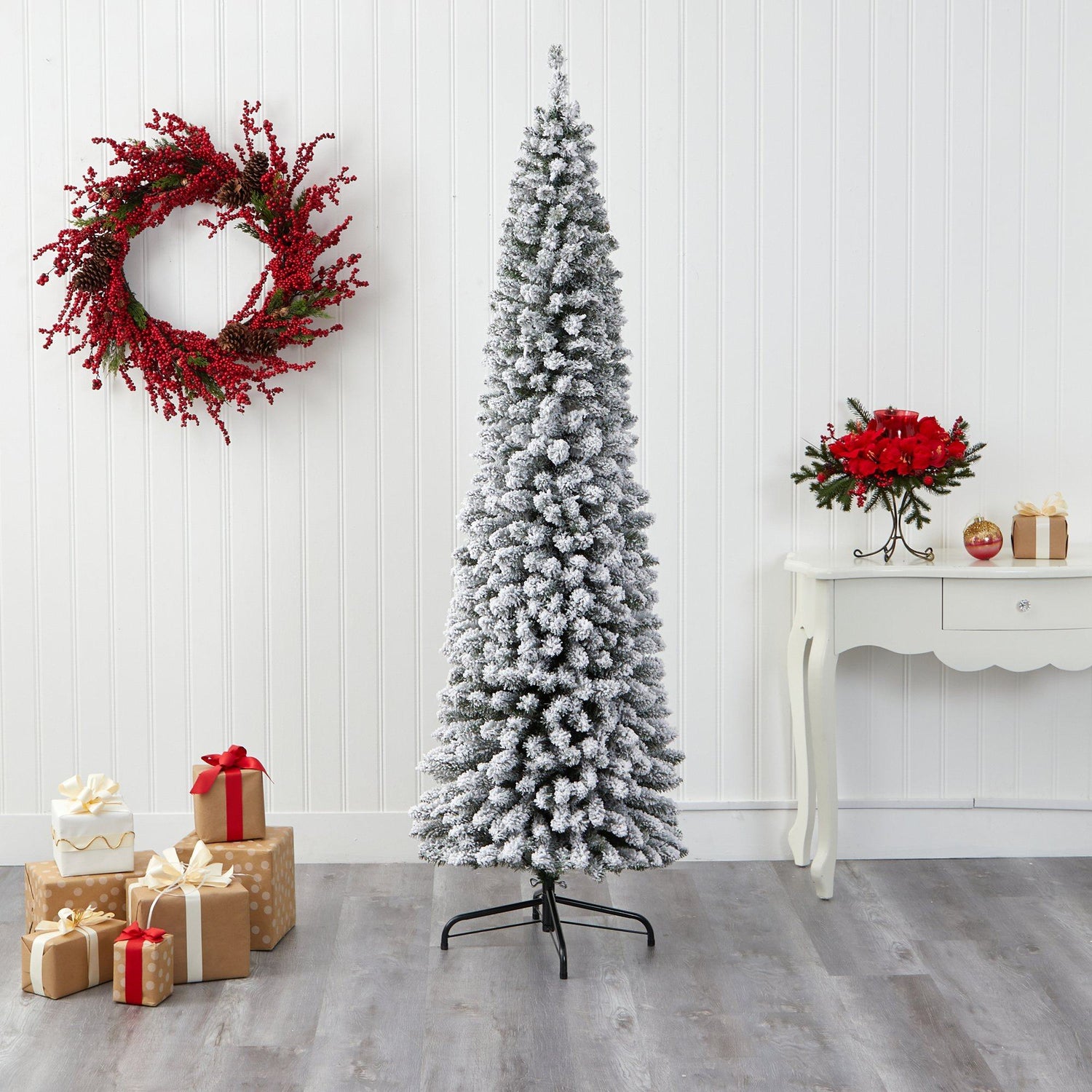 7’ Flocked Pencil Artificial Christmas Tree with 574 Bendable Branches