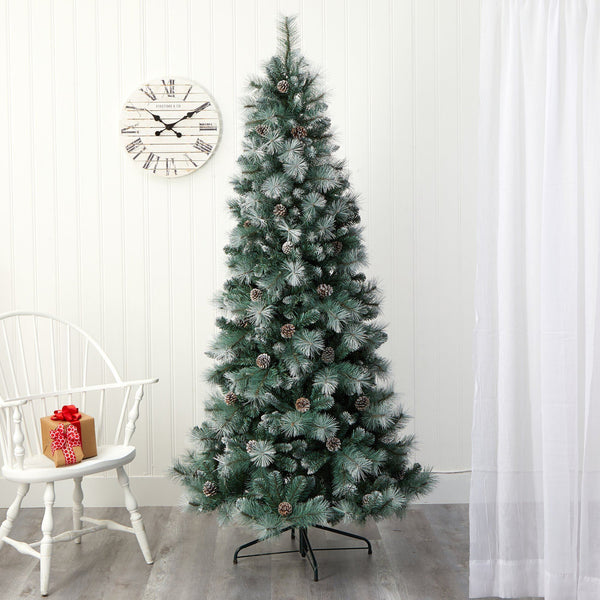 Frosted Tip British Columbia Mountain Pine Artificial Christmas Tree with 400 Clear Lights, Pine Cones and 882 Bendable Branches