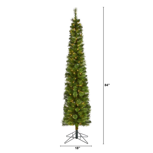 7' Green Pencil Artificial Christmas Tree with 150 Clear (Multifunction) LED Lights and 338 Bendable Branches