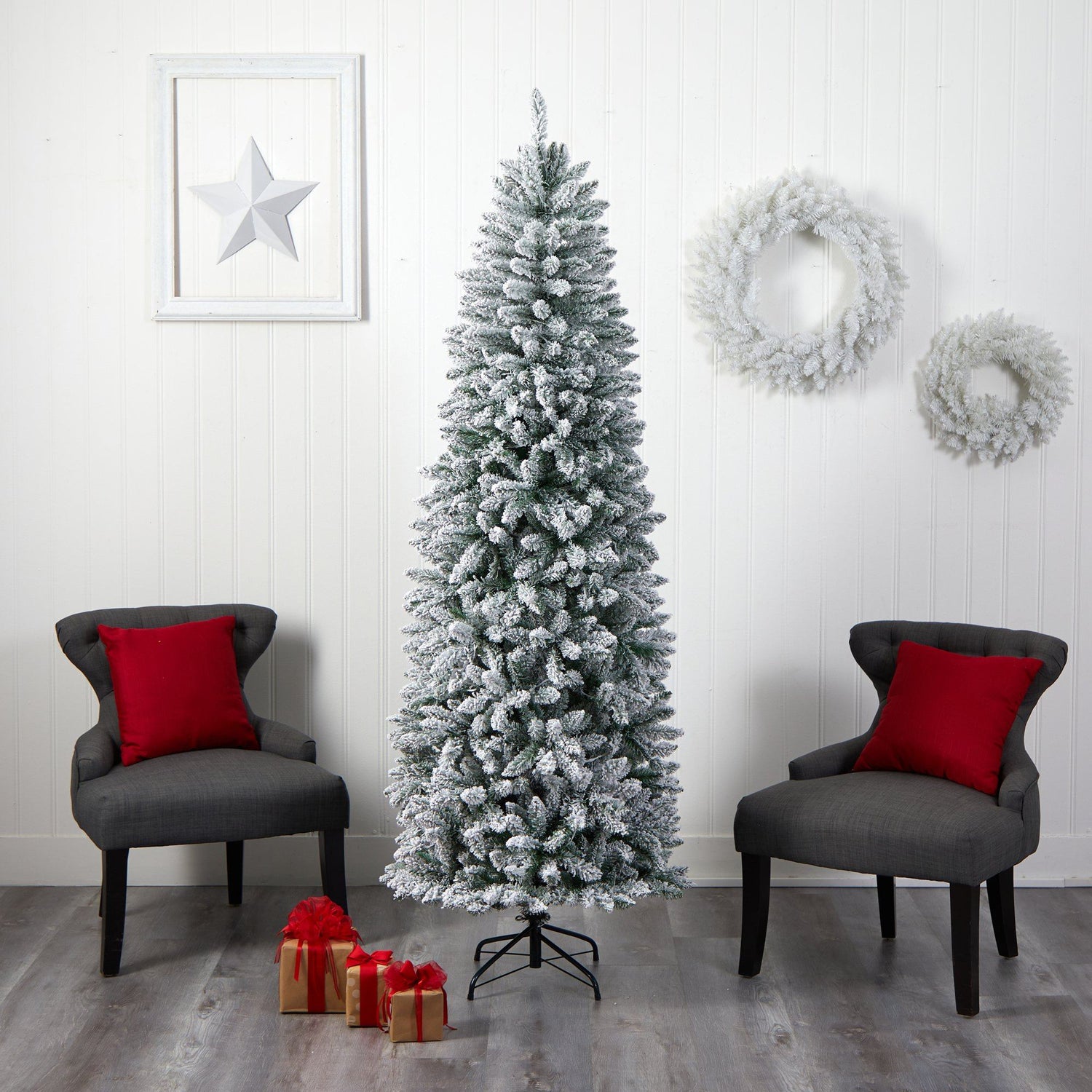 7’ Slim Flocked Montreal Fir Christmas Tree with 300 Warm White LED Lights and 995 Bendable Branches