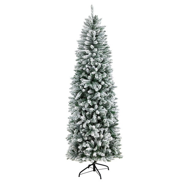 7’ Slim Flocked Montreal Fir Christmas Tree with 300 Warm White LED Lights and 995 Bendable Branches