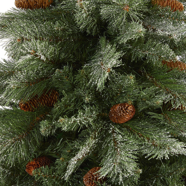 7’ Snowed French Alps Mountain Pine Artificial Christmas Tree with 833 Bendable Branches and Pine Cones