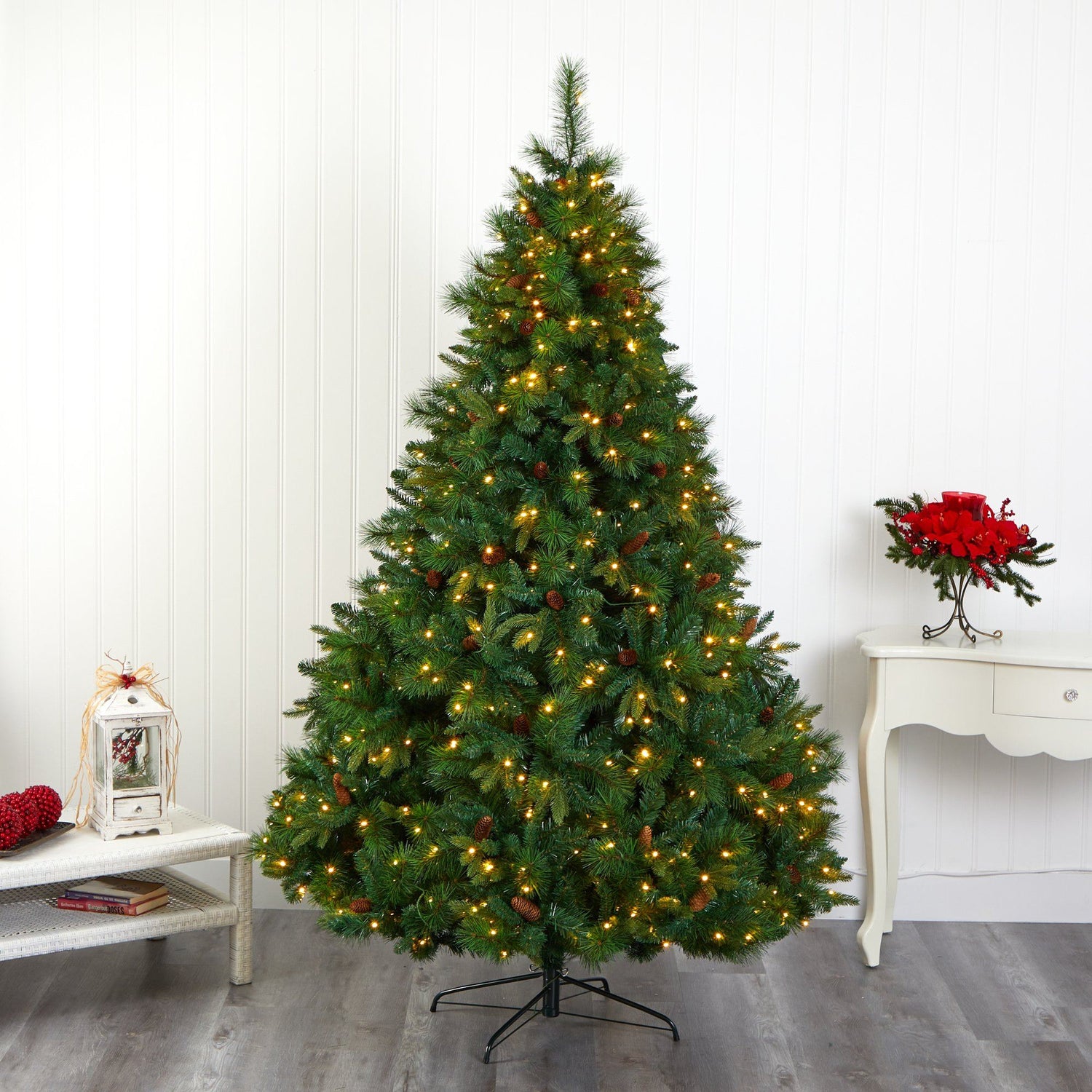 7’ West Virginia Full Bodied Mixed Pine Artificial Christmas Tree with 450 Clear LED Lights and Pine Cones