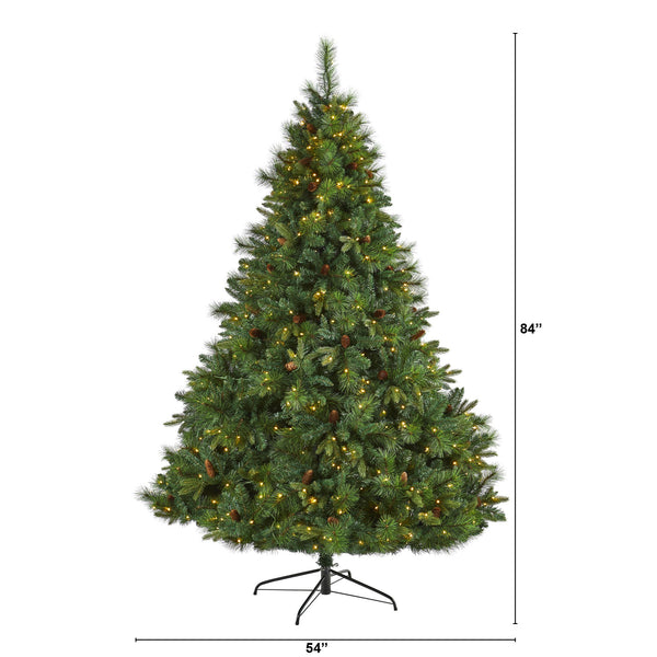 7’ West Virginia Full Bodied Mixed Pine Artificial Christmas Tree with 450 Clear LED Lights and Pine Cones