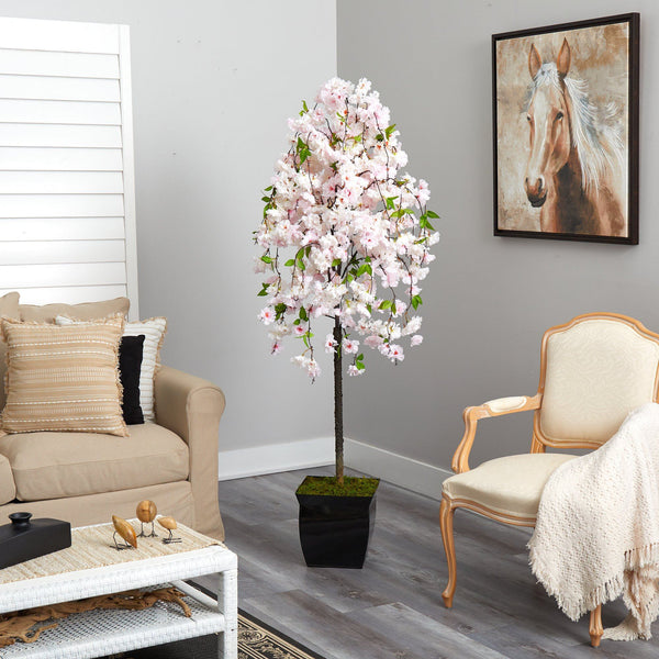 70” Cherry Blossom Artificial Tree in Black Metal Planter