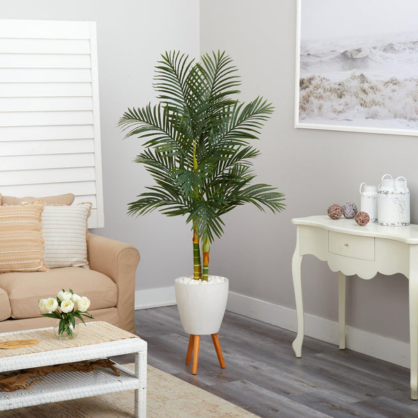 70” Golden Cane Artificial Palm Tree in White Planter with Stand