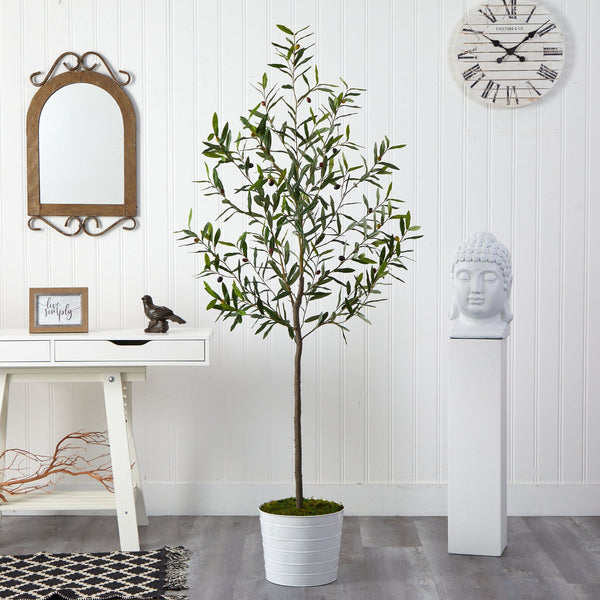 70” Olive Artificial Tree in White Tin Planter