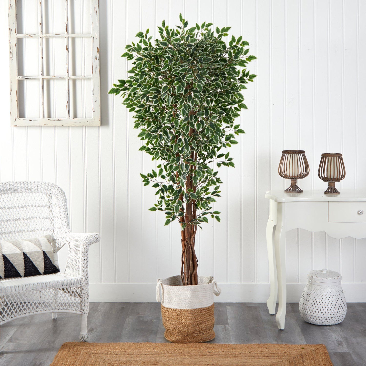 70” Variegated Ficus Tree in Handmade Jute and Cotton Planter UV Resistant (Indoor/Outdoor)