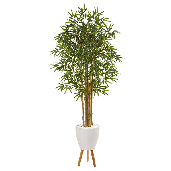 74” Multi Bambusa Bamboo Artificial Tree in White Planter with Stand