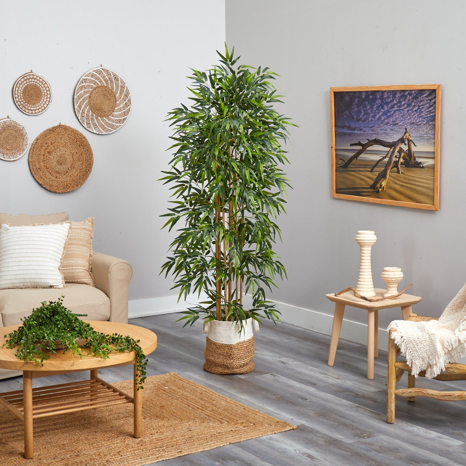 75” Bamboo Artificial Tree in Handmade Natural Jute and Cotton Planter