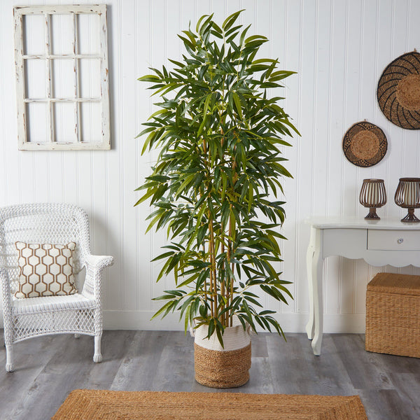 75” Bamboo Artificial Tree in Handmade Natural Jute and Cotton Planter